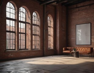 Exposed brick walls, minimalist furniture, large windows, warm, cafe, decor