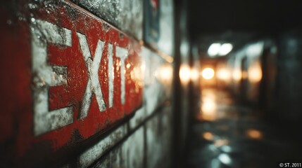 Exit Sign in a Dimly Lit Corridor with Warm Lighting Safety and Emergency Exit Concept for Ind