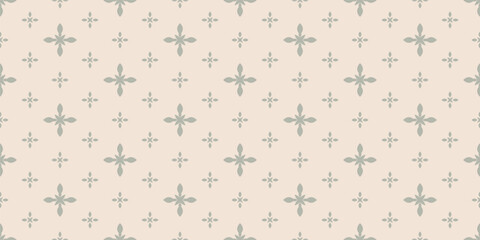 Vector floral minimalist seamless pattern. Abstract minimal geometric ornament with flowers in oriental style. Simple sage green and beige background. Vintage geo texture. Repeated delicate design
