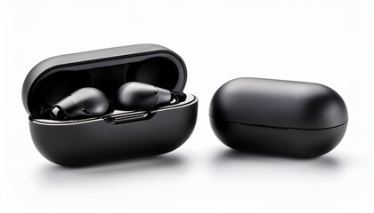 black wireless earbuds with charging case isolated on white background