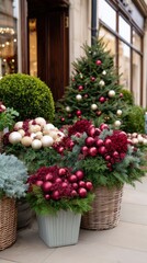 Festive shopfront Christmas decorations including baubles, conifers, berry arrangements and Christmas trees on a storefront sidewalk