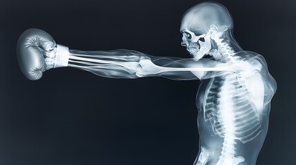 Obraz premium X-Ray of Boxer Throwing Punch: An X-ray image of a boxer throwing a punch, focusing on the muscles and bones in the arm and shoulder as they move. 