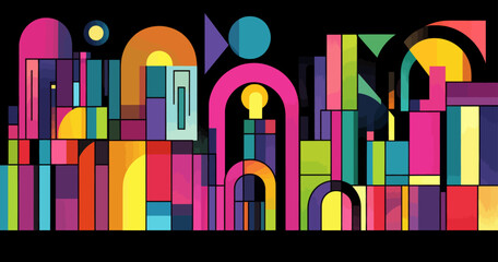 Obraz premium A creative and fun art form emerges from the combination of geometric shapes and abstract city geometry, featuring a minimalist style akin to a kid's game, and a futuristic urban setting with neon