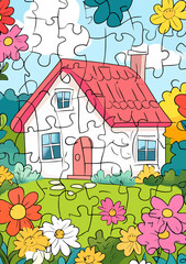 A modern illustration of a house is provided for children to draw and color on this page