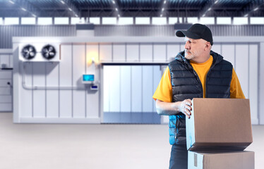 Man with boxes near cold storage warehouse. Freezer container behind loader. Refrigeration units...