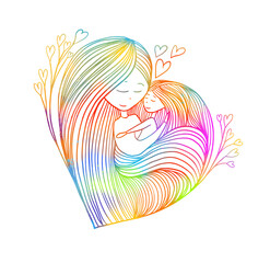 Mother's day. happy woman holding child in his arms. hand drawn. Not AI, Vector illustration.