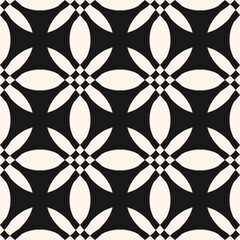 Vector seamless pattern in oriental style. Elegant black and white geometric floral ornament. Abstract monochrome background. Texture with flower shapes, grid, lattice, tiles. Repeating geo design