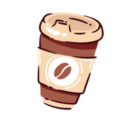 Coffee cup to go with brown lid and coffee bean label, drawn in a fun cartoon doodle style. Takeaway coffee cup for cafe menu or morning drink design. Coffee cup vector illustration.