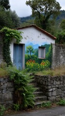 Charming facade with vibrant landscape mural featuring colorful blooms and serene mountain backdrop on a quaint stone structure.