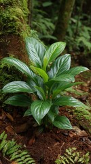 Lush green plant with glossy leaves growing beside a moss covered tree in a forest clearing during daytime.