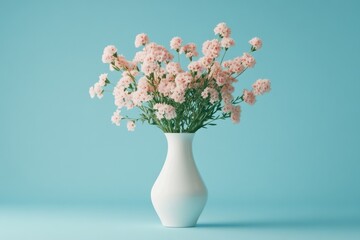 A bouquet of pale pink carnations in a simple white vase, against a light teal backdrop. 