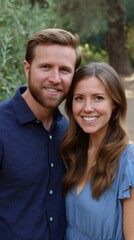Fototapeta premium Affectionate young couple smiling, posing closely together in a natural outdoor setting with soft lighting, showcasing happiness and connection