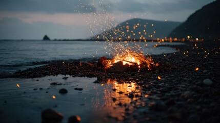 Midnight Bonfire Sparks Dance Above the Tranquil Beach Waters