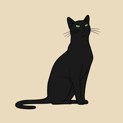 Fototapeta premium Graceful Black Cat in Profile: A sleek, black cat sits elegantly, its emerald eyes gazing upwards, epitomizing feline poise.