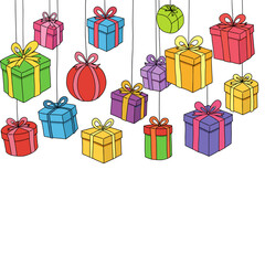 Gift Boxes Hanging: Colorful gift boxes of various shapes and sizes hang from strings against a white background, creating a festive and celebratory scene.
