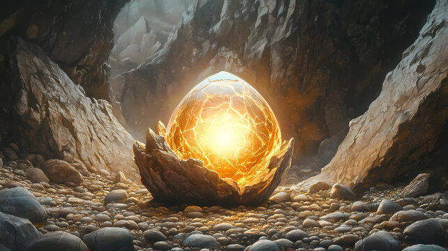 A sunlit, mystical orb encased within a fractured stone, nestled amidst a bed of pebbles and rocks. [Hollow Monoliths] | Stone Riddles | cryptic slabs. Illustration