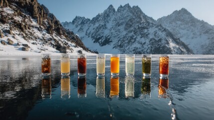 Cold Beverages Elegantly Displayed on a Frozen Lake in Winter