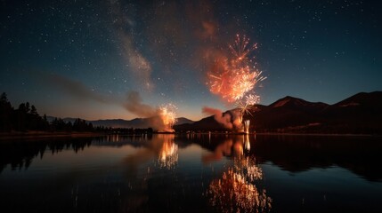 Dazzling Fireworks Illuminate a Tranquil Lake Under Starry Night