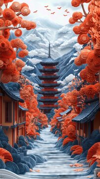 Papercut Paper Cut Kyoto Gion Pagoda Japan Travel Scenic Winter Landscape Destination Phone Mobile Background Wallpaper Art Illustration