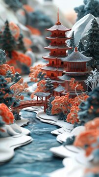 Papercut Paper Cut Kyoto Gion Pagoda Japan Travel Scenic Winter Landscape Destination Phone Mobile Background Wallpaper Art Illustration