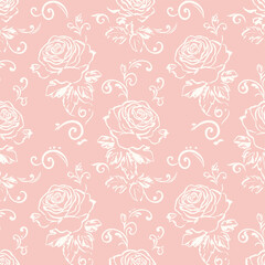 Pink Rose Pattern: Elegant seamless pattern featuring delicate white roses on a soft pink background, perfect for various design projects.