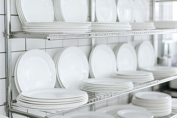 Stacks of pristine white plates on metal shelving, ready for service. A neat and organized display in a clean, modern kitchen setting.