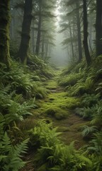 Deep green ferns and moss carpet the forest floor ,  wild plants,  biodiversity