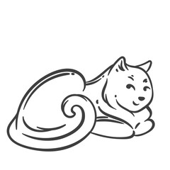 Cartoon doodle style cat outline in relaxed lying pose with big curled tail and cheerful face. Vector illustration of cat outline for coloring, stickers, kids art, print, or stamp.