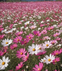 Obraz premium Vast cosmos field, vibrant pink and white blooms, scenic, photography, background