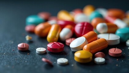 Close-up of assorted pills and capsules on dark surface, disease, first aid, capsules