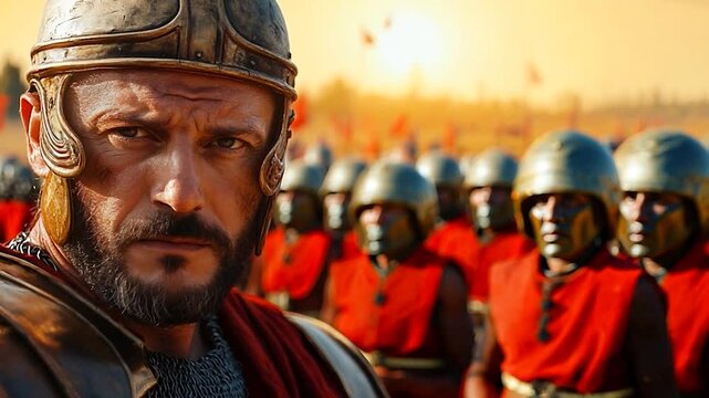 Roman centurion leading legion of soldiers in ancient times
