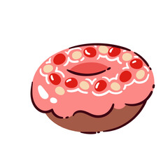 Donut with pink glaze and colorful sprinkles, drawn in playful cartoon doodle style. Sweet dessert perfect for bakery menu or kids designs. Donut vector illustration.
