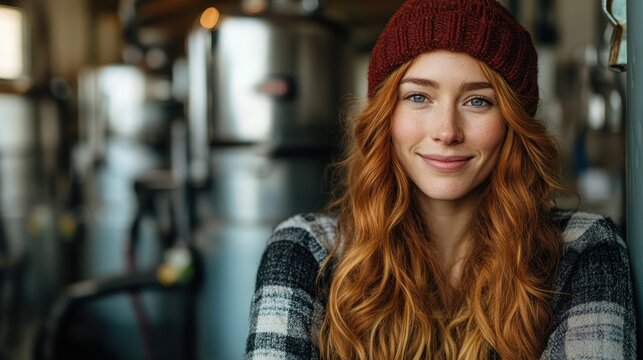 Smiling redhead woman in a brewery