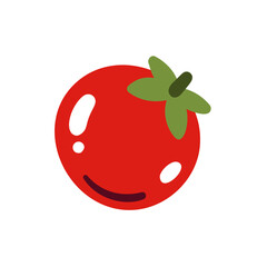 Juicy red tomato with green leaves and smooth shine in flat cartoon style. Fresh vegetable symbol for food packaging, recipe apps, or menu stickers. Vector illustration.