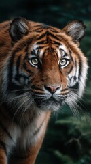 Fototapeta premium Portrait of a tiger with striking orange and black stripes gazing intently into the distance in its natural habitat