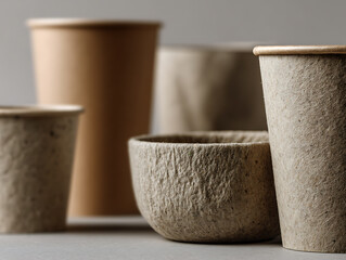 Sustainable tableware: Assortment of paper-based cups and bowls with a rough texture, promoting eco-friendly solutions for disposable food and beverage containers.