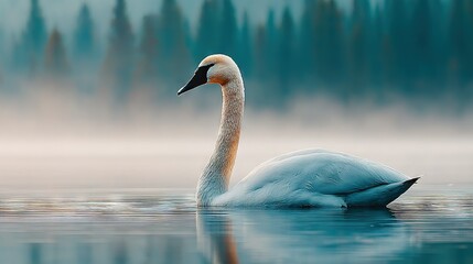 Fototapeta premium A majestic, snow-white swan glides effortlessly over a serene lake surrounded by lush, emerald pine forests