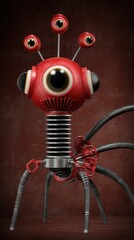 Detailed 3D render of a quirky red robot with multiple eyes, springy neck, and ribbed flexible legs against a textured reddish-brown backdrop.