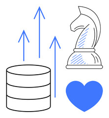 Chess knight, data stack, heart, and upward arrows emphasize strategy, growth, analytics, passion, success. Ideal for business goal setting strategy planning leadership analytics flat simple