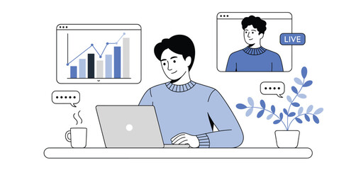 Remote Work and Online Collaboration, Man Working on Laptop with Video Call and Data Analysis Illustration 
