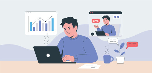 Fototapeta premium Remote Work and Online Collaboration, Man Working on Laptop with Video Call and Data Analysis Illustration 