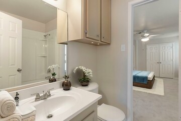 A bathroom that includes a sink, a toilet, a mirror, and cabinets