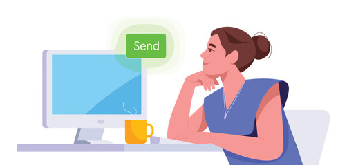 Remote Work and Online Collaboration, Man Working on Laptop with Video Call and Data Analysis Illustration 
