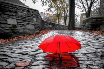 Red umbrella on a wet cobblestone path in autumn  Gray stone walls and trees line the walkway