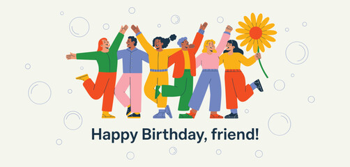 Fototapeta premium Group of diverse people celebrating birthday with balloons and flowers, colorful festive illustration with Happy Birthday message 