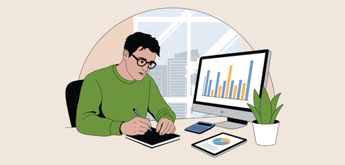 Young man working remotely on laptop with productivity growth chart, urban background and digital work concept
