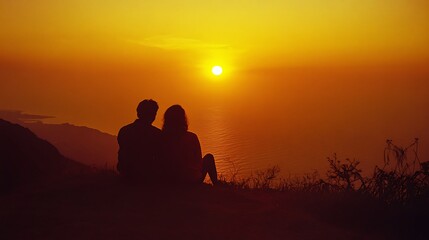 Silhouette couple watching sunset over a coastal landscape.