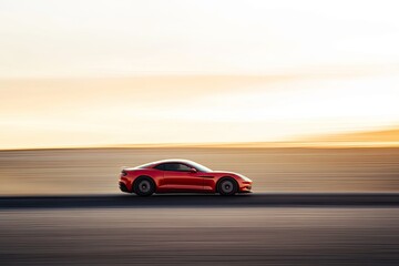 Red sports car moving fast on a paved road at sunrise.  Blurred motion creates a sense of speed and the golden hour light