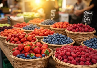 Fresh and Colorful Assortment of Berries and Fruits at a Vibrant Farmers Market with Natural Lighting and Soft Focus Background