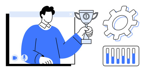 Person holding trophy inside a video call window, gear symbolizing process, and progress bars indicating success. Ideal for productivity, achievement, teamwork, virtual events, growth, motivation